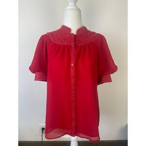 Maeve by Anthro Red Blouse Short Sleeve Semi Sheer Paisley Silk Womens  US 2